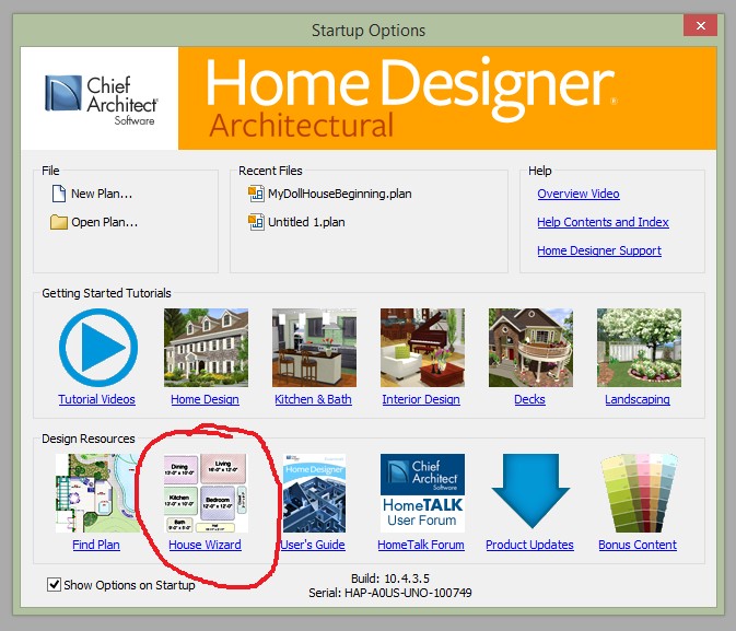 Home Designer startup options window